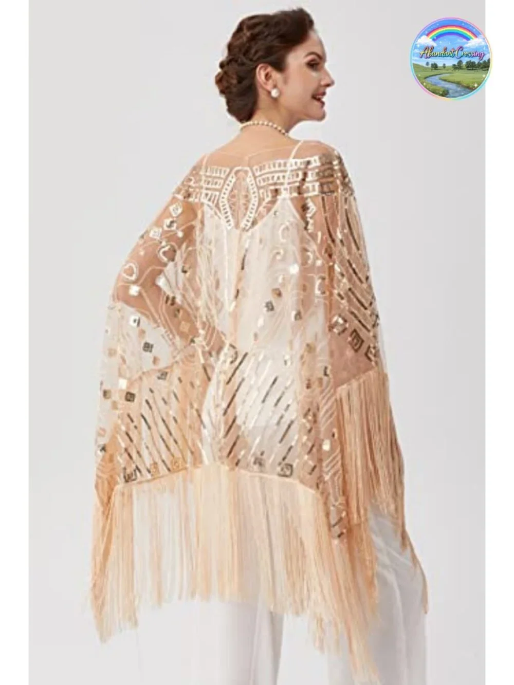 Sequin Beaded Fringed Evening Cape Shawl Wrap for Wedding